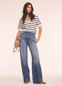 Sale Cream Striped Knit Denim Detail Tops Jumpers|Jumpers & Cardigans