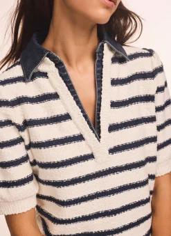 Sale Cream Striped Knit Denim Detail Tops Jumpers|Jumpers & Cardigans
