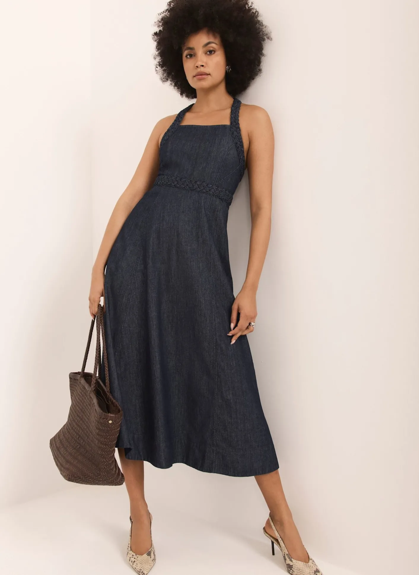 Hot Dark Indigo Denim Halter Midi Dress Midi Dresses|Denim Dresses