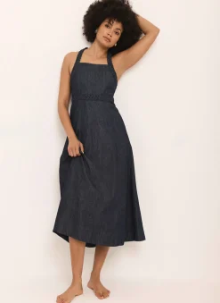 Hot Dark Indigo Denim Halter Midi Dress Midi Dresses|Denim Dresses