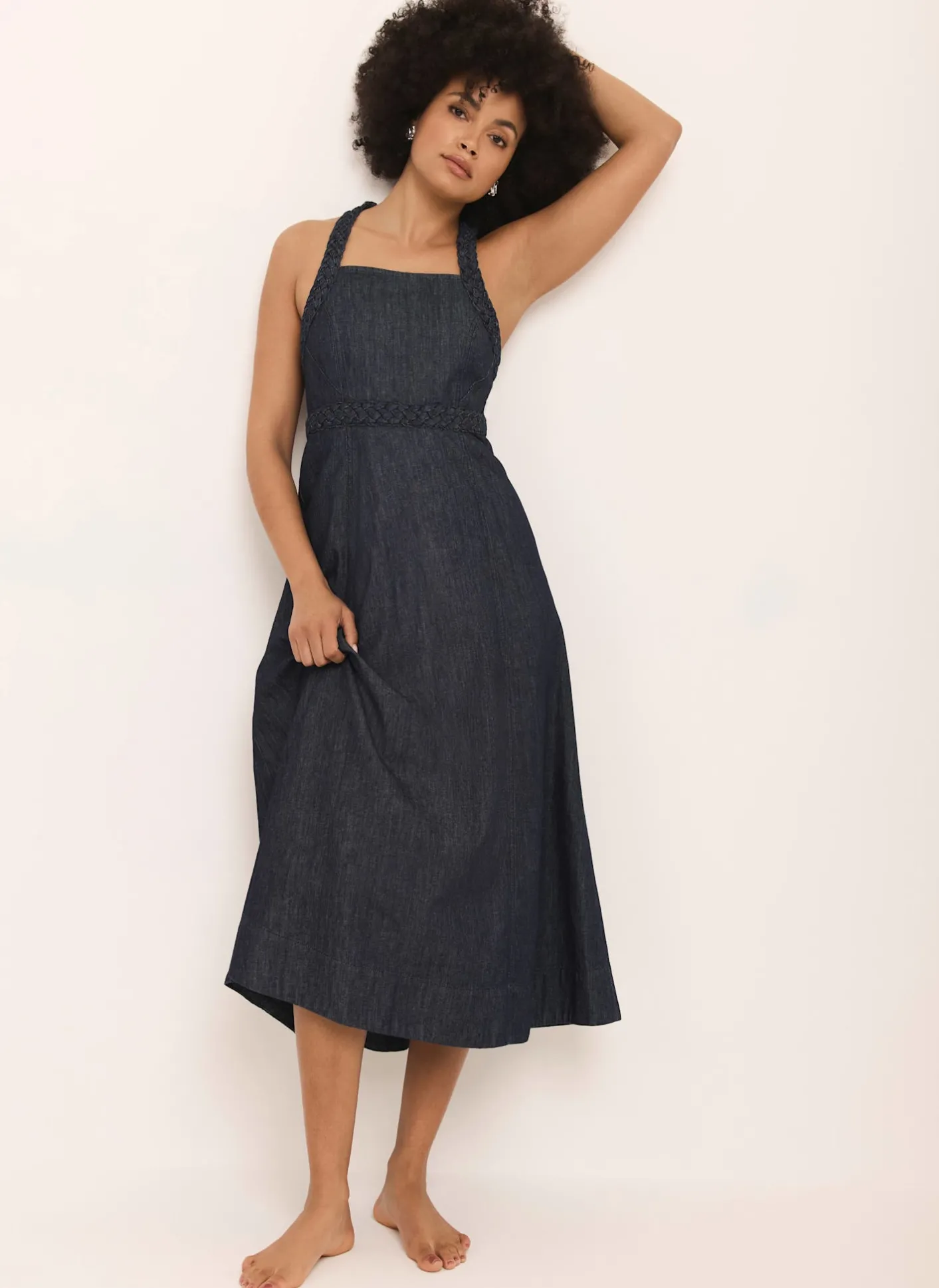 Hot Dark Indigo Denim Halter Midi Dress Midi Dresses|Denim Dresses