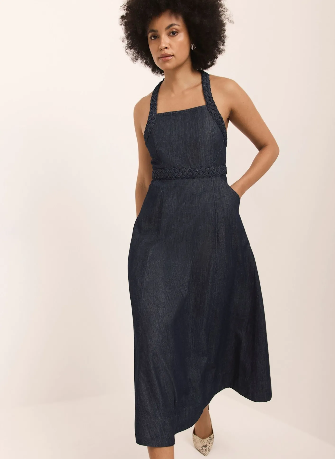 Hot Dark Indigo Denim Halter Midi Dress Midi Dresses|Denim Dresses