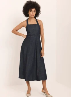Hot Dark Indigo Denim Halter Midi Dress Midi Dresses|Denim Dresses