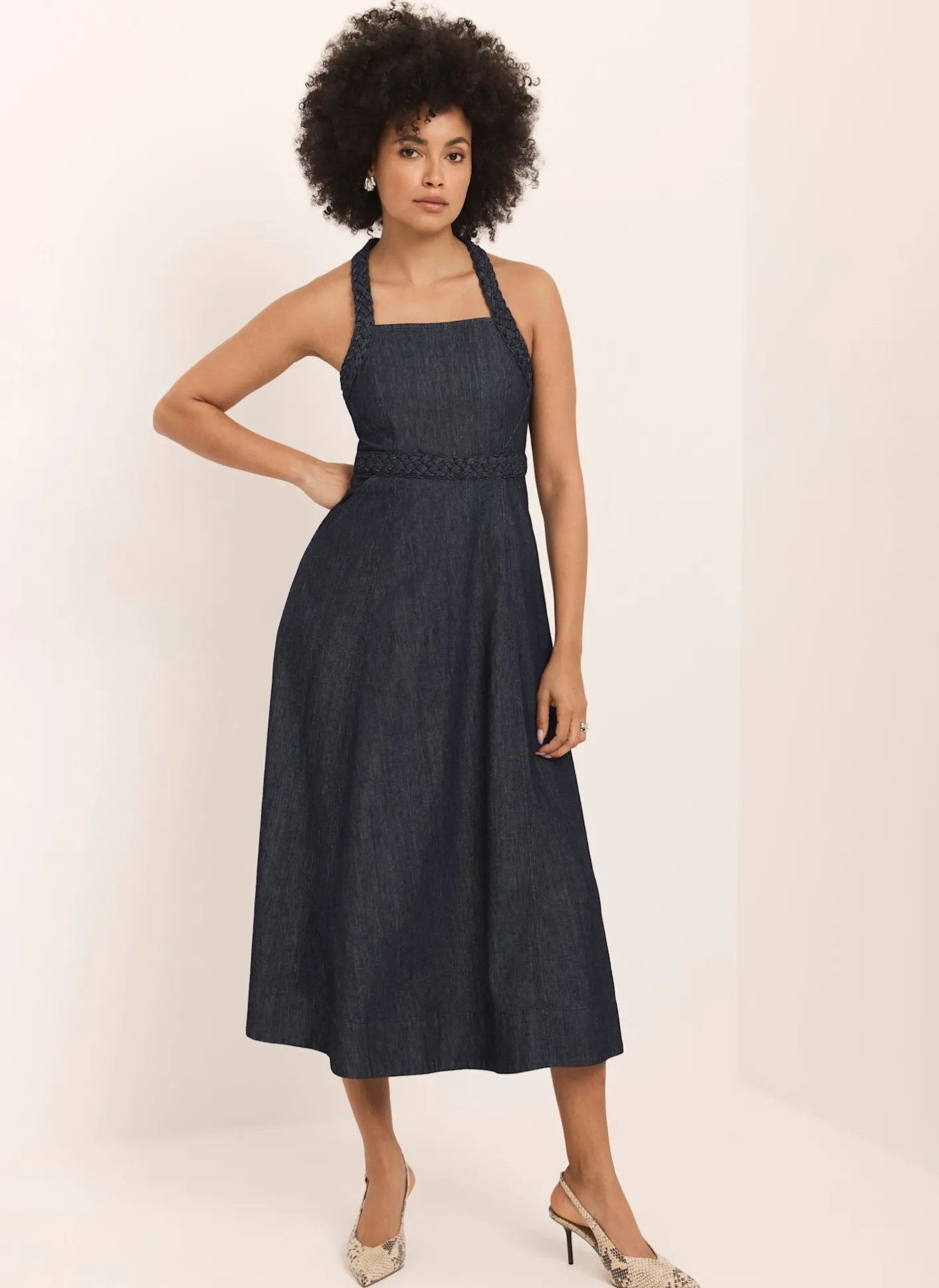 Hot Dark Indigo Denim Halter Midi Dress Midi Dresses|Denim Dresses