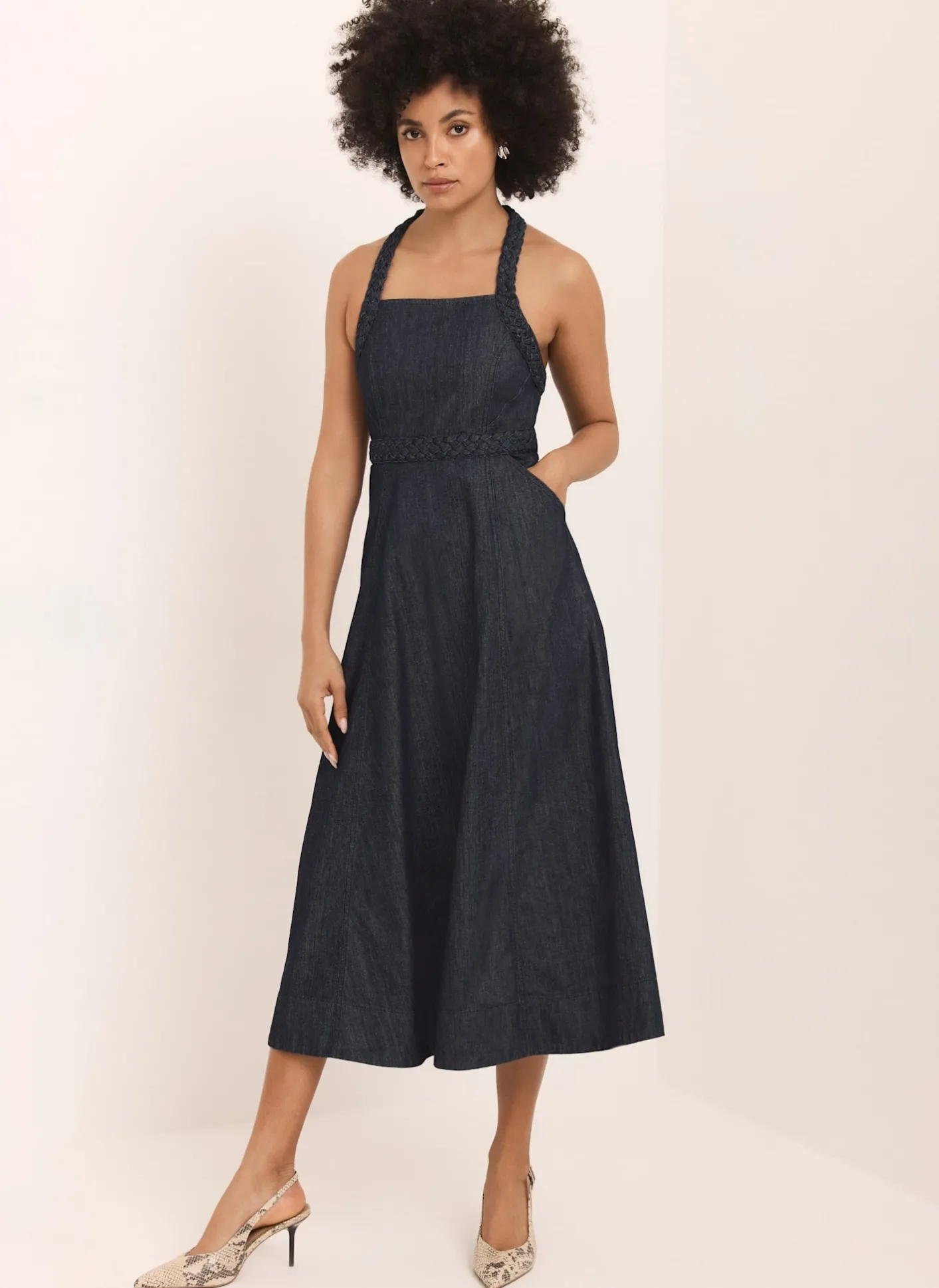 Hot Dark Indigo Denim Halter Midi Dress Midi Dresses|Denim Dresses
