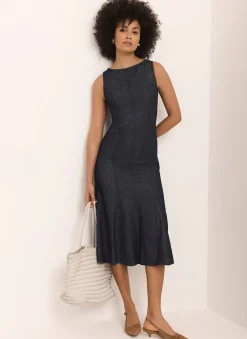 New Dark Indigo Denim Midi Dress Midi Dresses|Denim Dresses