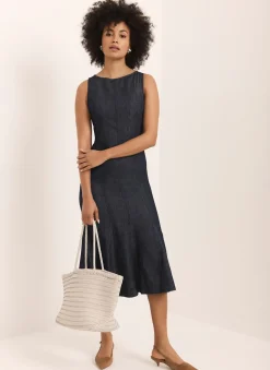 New Dark Indigo Denim Midi Dress Midi Dresses|Denim Dresses