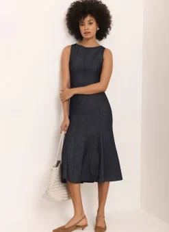 New Dark Indigo Denim Midi Dress Midi Dresses|Denim Dresses