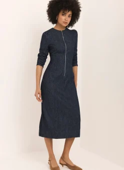 Dark Indigo Paisley Print Denim Midi Dress Denim Dresses|Denim Dresses