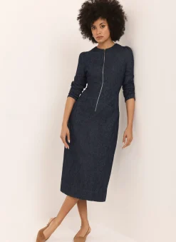 Dark Indigo Paisley Print Denim Midi Dress Denim Dresses|Denim Dresses