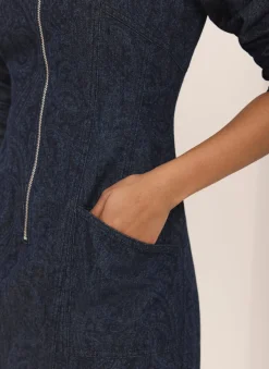 Dark Indigo Paisley Print Denim Midi Dress Denim Dresses|Denim Dresses