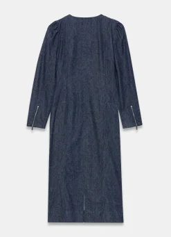 Dark Indigo Paisley Print Denim Midi Dress Denim Dresses|Denim Dresses