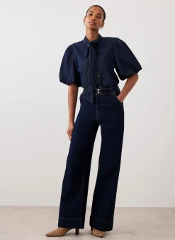 Outlet Dark Indigo Puff Sleeve Denim Shirt Shirts & Blouses