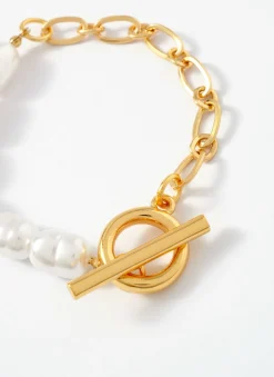 New Tone Chain & Pearl T-Bar Bracelet Jewellery|Jewelry