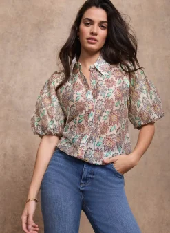 New Green Floral Print Puff Sleeve Shirt Shirts & Blouses|All Tops