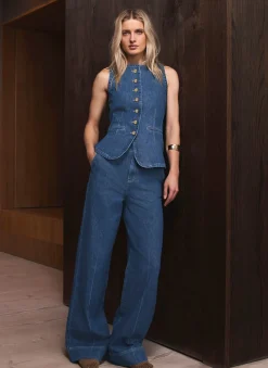 Discount Indigo Denim Longline Waistcoat Waistcoats|Denim Jackets
