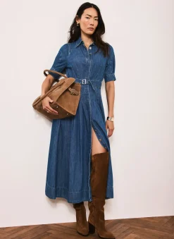 New Indigo Denim Midi Shirt Dress Midi Dresses|Denim Dresses