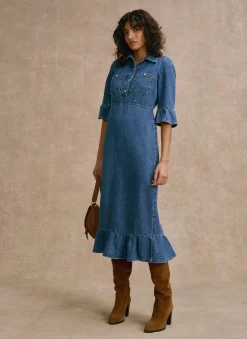 Online Indigo Denim Midi Shirt Dress Midi Dresses|Denim Dresses