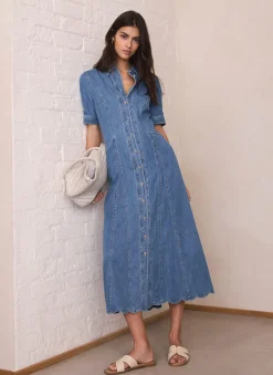 Indigo Denim Scallop Detail Midi Dress Summer Dresses|Midi Dresses