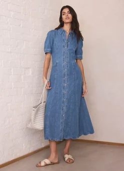 Indigo Denim Scallop Detail Midi Dress Summer Dresses|Midi Dresses