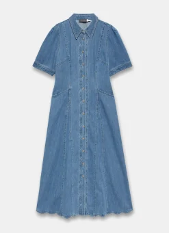 Indigo Denim Scallop Detail Midi Dress Summer Dresses|Midi Dresses