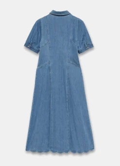 Indigo Denim Scallop Detail Midi Dress Summer Dresses|Midi Dresses