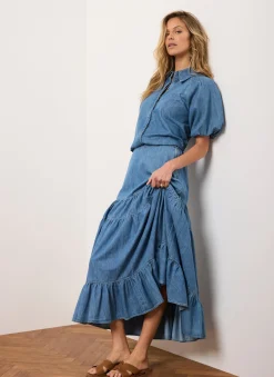 Outlet Indigo Tiered Denim Maxi Skirt Maxi Skirts|Skirts
