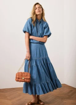 Outlet Indigo Tiered Denim Maxi Skirt Maxi Skirts|Skirts