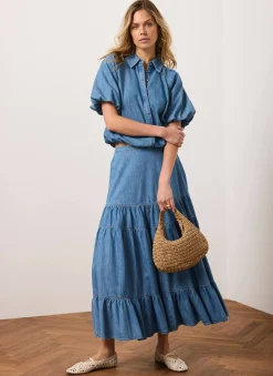 Outlet Indigo Tiered Denim Maxi Skirt Maxi Skirts|Skirts