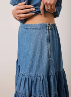 Outlet Indigo Tiered Denim Maxi Skirt Maxi Skirts|Skirts