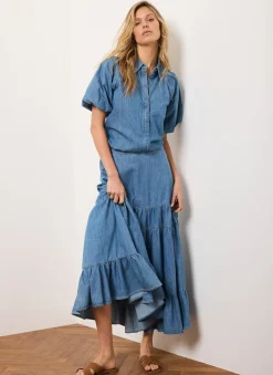 Outlet Indigo Tiered Denim Maxi Skirt Maxi Skirts|Skirts