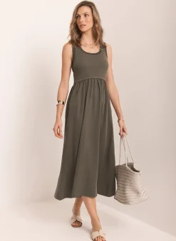 Hot Ruched Trim Cotton Midi Dress Summer Dresses|Midi Dresses