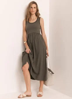 Hot Ruched Trim Cotton Midi Dress Summer Dresses|Midi Dresses