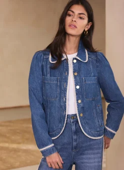 Sale Mid Indigo Crochet Trim Denim Jacket Jackets|Denim Jackets
