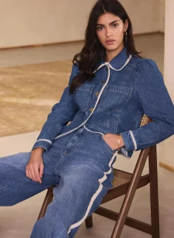 Sale Mid Indigo Crochet Trim Denim Jacket Jackets|Denim Jackets