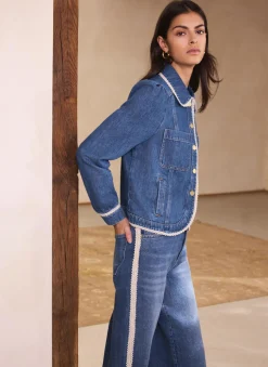 Sale Mid Indigo Crochet Trim Denim Jacket Jackets|Denim Jackets