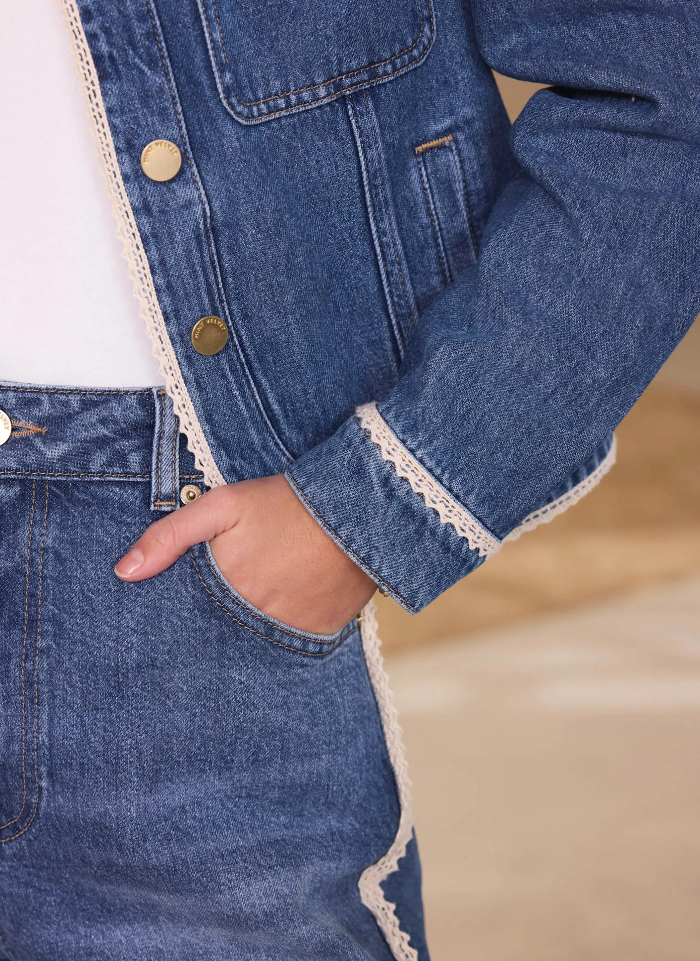 Sale Mid Indigo Crochet Trim Denim Jacket Jackets|Denim Jackets