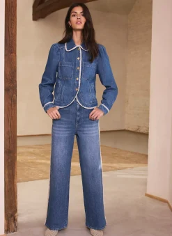 Sale Mid Indigo Crochet Trim Denim Jacket Jackets|Denim Jackets