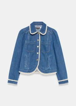 Sale Mid Indigo Crochet Trim Denim Jacket Jackets|Denim Jackets