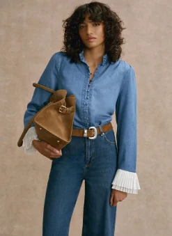 New Mid Indigo Denim Contrast Cuff Blouse Shirts & Blouses