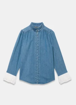 New Mid Indigo Denim Contrast Cuff Blouse Shirts & Blouses