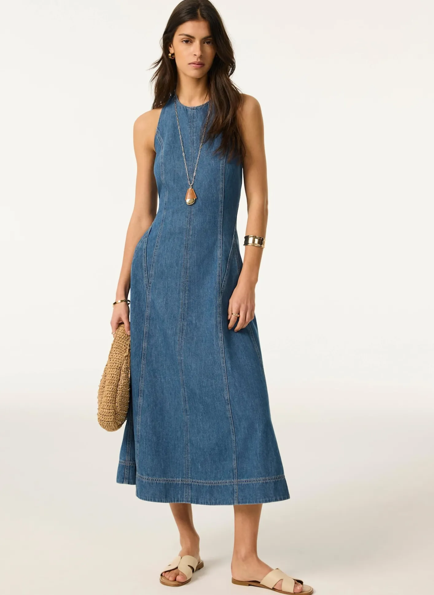 New Mid Indigo Denim Halter Midi Dress Midi Dresses|Denim Dresses