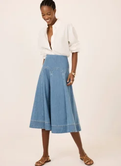 Best Mid Indigo Denim Midi Skirt Midi Skirts|Skirts