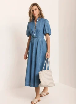 New Mid Indigo Denim Twist Midi Dress Summer Dresses|Midi Dresses