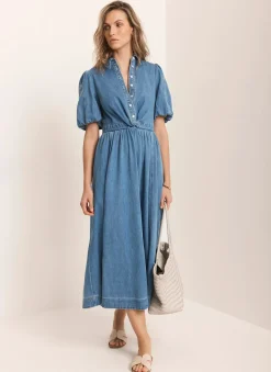 New Mid Indigo Denim Twist Midi Dress Summer Dresses|Midi Dresses