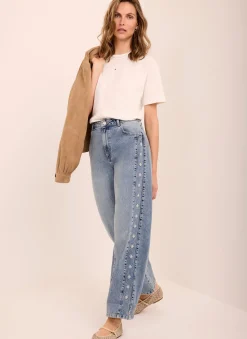 Clearance Mid Indigo Floral Embroidered Tapered Jeans Jeans|Straight Jeans