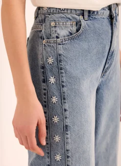 Clearance Mid Indigo Floral Embroidered Tapered Jeans Jeans|Straight Jeans