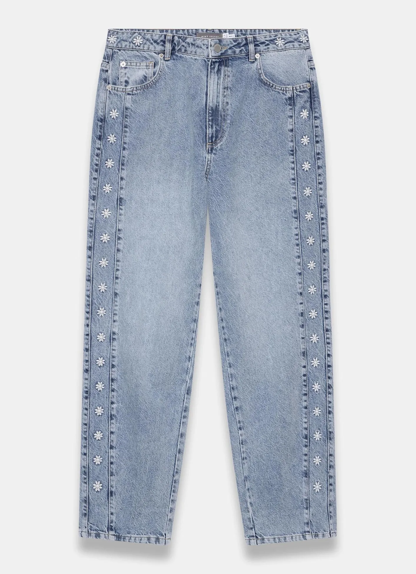 Clearance Mid Indigo Floral Embroidered Tapered Jeans Jeans|Straight Jeans