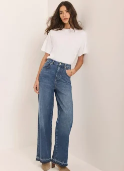 Clearance Mid Indigo Hem Detail Wide Leg Jean Jeans|Wide Leg Jeans