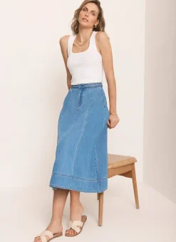 Outlet Mid Indigo Plait Detail Denim Midi Skirt Midi Skirts|Skirts